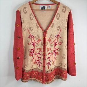 Storybook Knits Beaded Cardigan Sweater S Beige Granny Cottage Sequin Boho Fairy